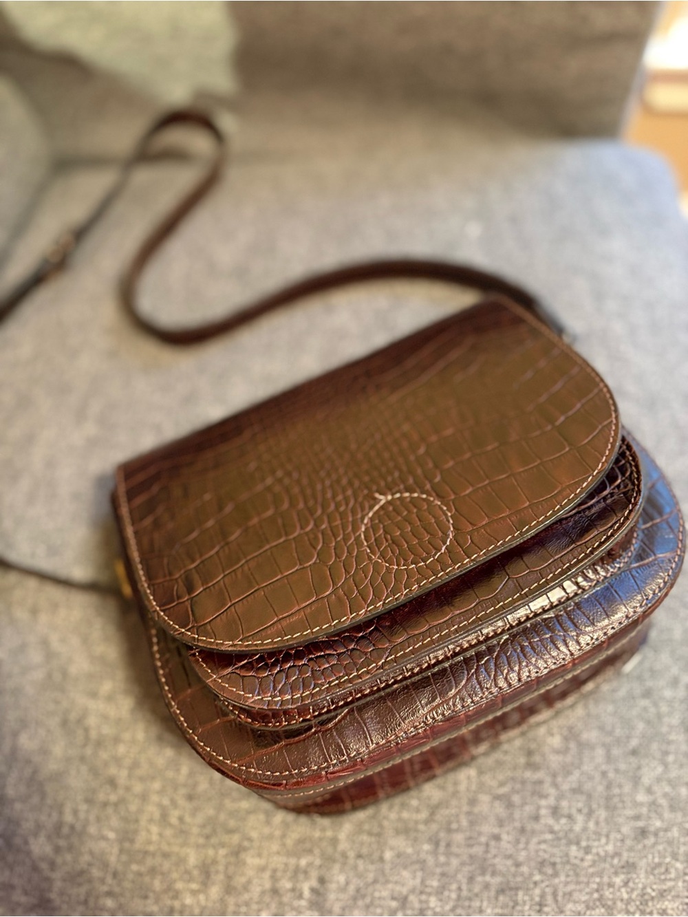 Croc-Embossed Brown Handmade Genuine Leather Crossbody Saddle Bag